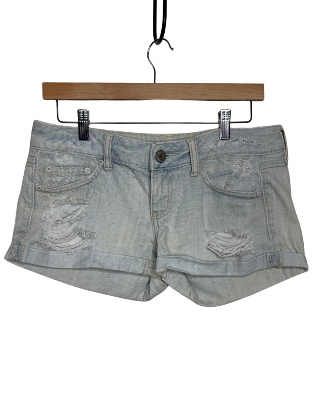 merican Eagle Light Wash Distressed Denim Cuffed Shorts Size 4